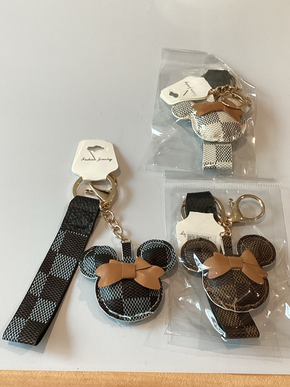 Black Check Minnie-Style Keychain Wristlet with Tan Bow